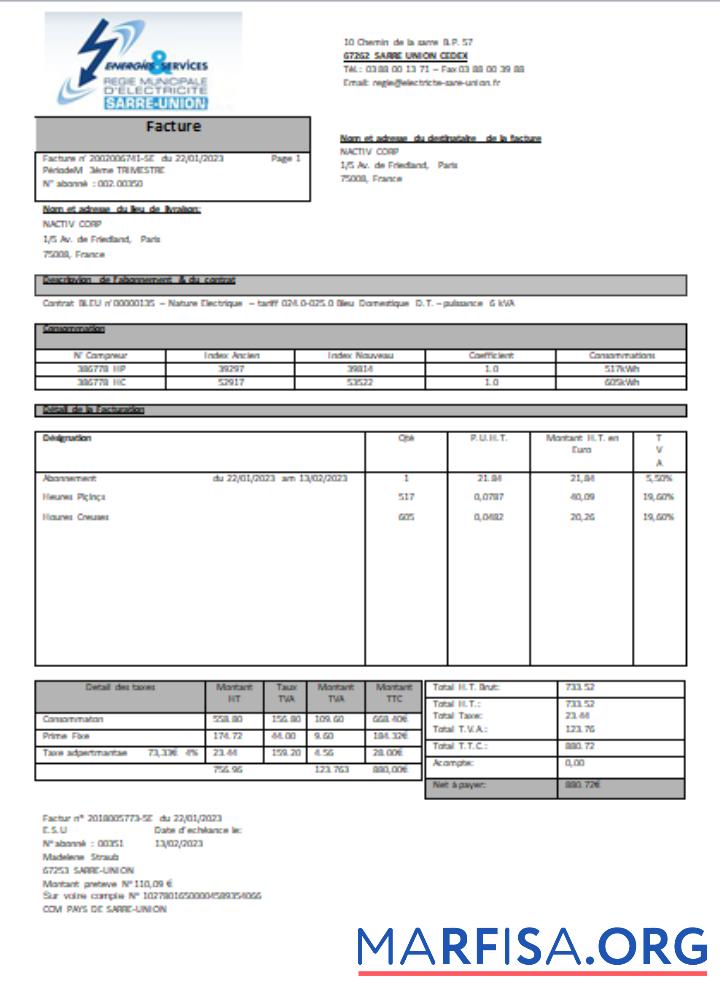 Printable Energies & Services Regie Municipal d Electricite Sarre Union electricity utility business bill, SCR example